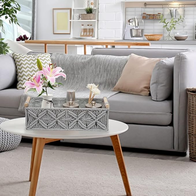 Macrame Storage Basket Boho Decor Baskets for Organizing Woven Decorative for Countertop Toilet Paper Basket for Tank Top for Home Decor Bedroom Nursery Livingroom Entryway (Set of 2,Grey)