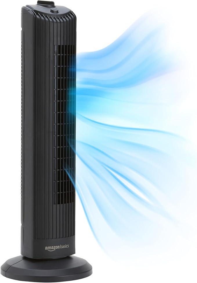 Amazon Basics 28" 60-Degree Oscillating Tower Fan for Bedroom, Living Room, Office, With 3 Speeds, Intuitive Mechanical Control, Black, 35W, 27.8"H x 9.4"D x 9.4"W