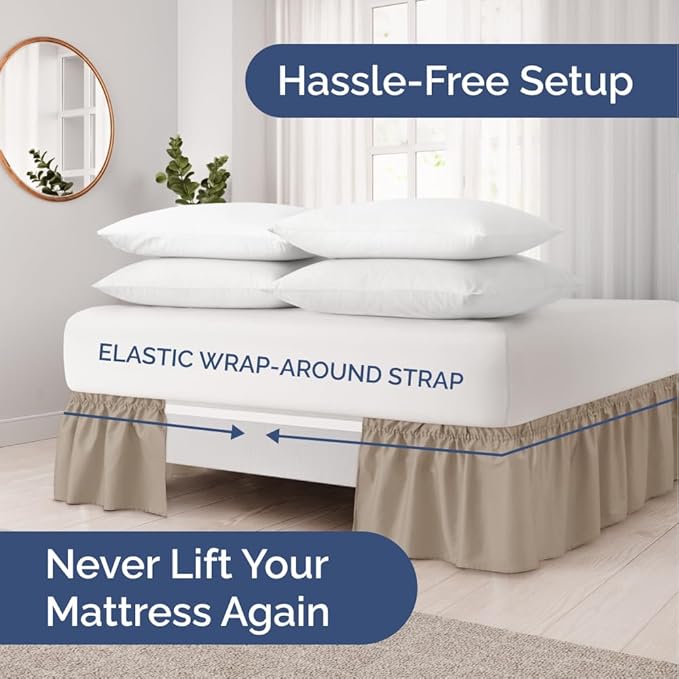 Wrap Around Dust Ruffle Bed Skirt - Cream - for Full Size Beds w/ 16 Inch Drop - Easy Fit Elastic Strap - Adjustable Pleated Bedskirt w/Brushed Fabric, Wrinkle & Fade Free Women, Men, Kids & Teens
