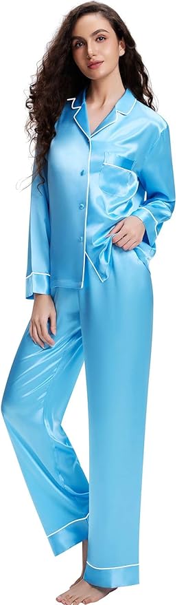 Lonxu Silk Satin Womens Pajama Sets Button Down Sleepwear Loungewear XS~3XL
