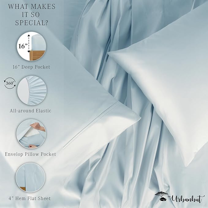 URBANHUT 700 Thread Count King Size Egyptian Cotton Sheets, 4Pc Sheet Set Soft Luxury Bed Sheets for King Size Bedding, Sateen Weave Hotel Bedsheets, 16'' Elasticized Deep Pocket - Light Blue