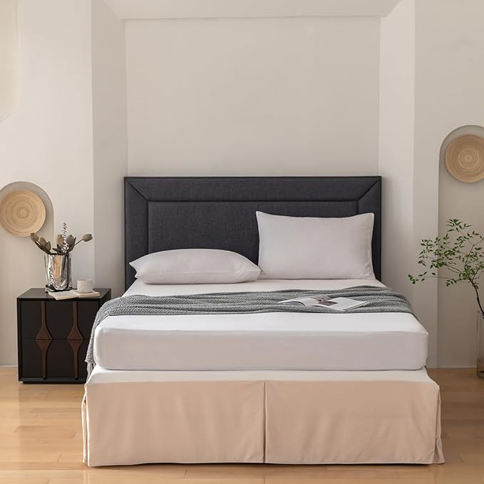 Queen Bed Skirt, Grid Plaid Soft Quadruple Pleated Ruffle Bed Skirt, Tailored Dust Ruffle 14 Inch Drop Easy Fit, Machine Washable (Beige)