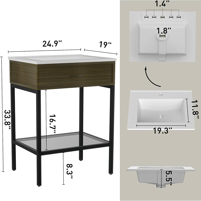 24 Inches Bathroom Vanity with Resin Sink, Single Sink Modern Cabinet Set, Stainless Steel Frame with Tempered Glass Open Shelf, Freestanding Bathroom Storage Cabinet Combo, Black