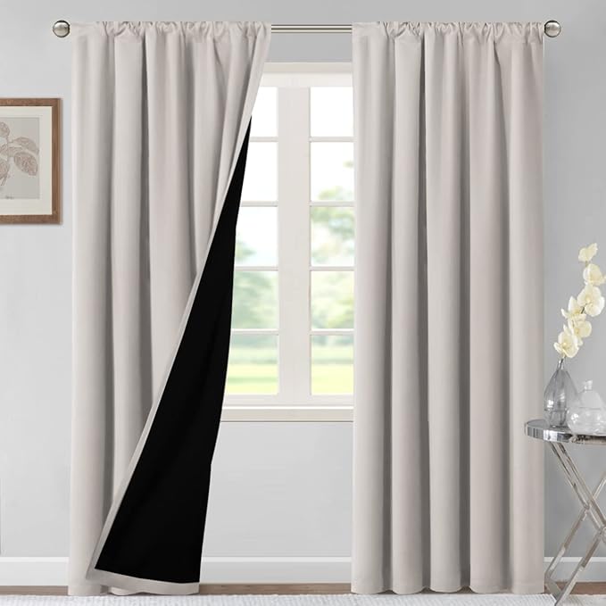 H.VERSAILTEX 100% Blackout Curtains for Bedroom Thermal Insulated Curtains & Drapes Blackout Curtains 84 Inches Long Rod Pocket Curtains for Living Room with Black Liner 2 Panels Set, Pumice Stone