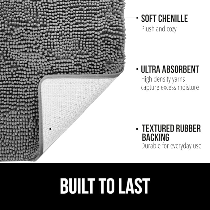 GORILLA GRIP Bath Rug Mat 42x24, Thick Soft Absorbent Chenille, Quick Dry Microfiber Mats, Rubber Backing Washable Shower Floor Rugs, Bathmat Runner, US Designed Bathroom Home Decor Accessories Grey