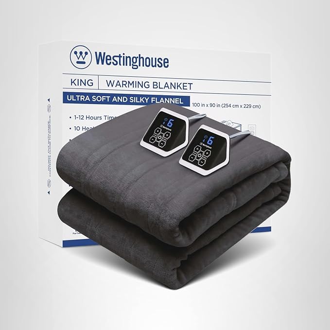 Westinghouse King Size Electric Heating Blanket, 10 Levels, Auto Shut Off, Fast Heating, Machine Washable (King, 100x90 Inches, Charcoal)