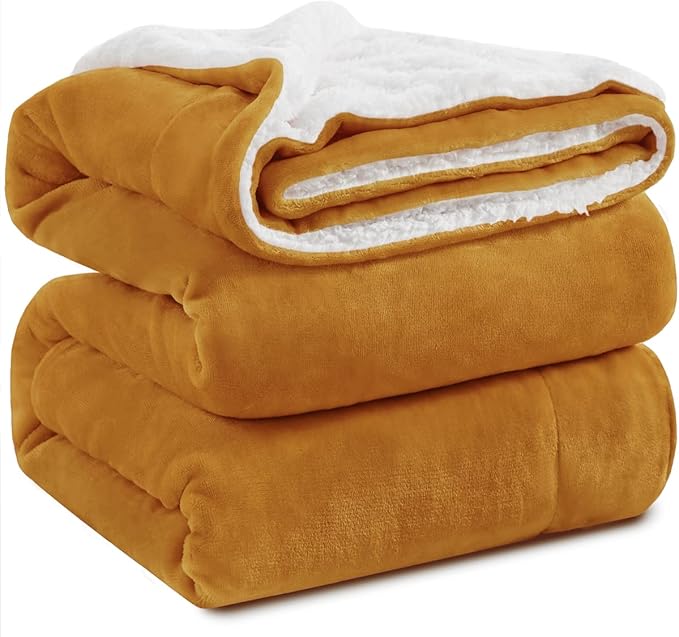 KAWAHOME Sherpa Fleece King Size Blanket for Bed - Extra Warm and Heavy Thick Blankets for Winter, Super Soft 500GSM Plush Blanket, 108" X 90" Ginger Yellow