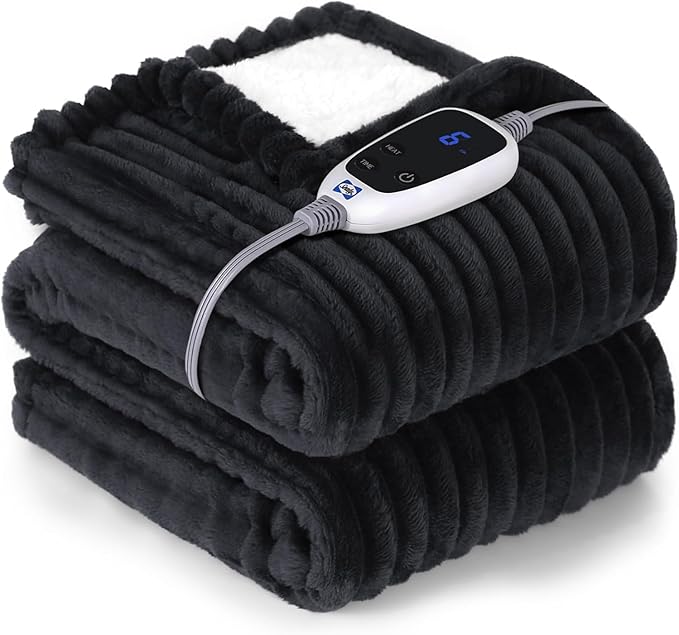 SEALY Electric Blanket Heated Throw, Soft Flannel to Sherpa Reversible Safe Heating with 6 Heat Settings & 2-10 Hours Auto Shut - Off Overheat Protection, Machine Washable, 50" x 60" Charcoal
