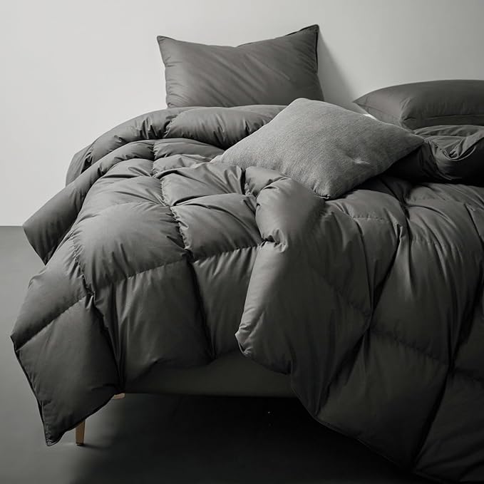Royoliving Premium Feathers Down Duvet Insert Comforter California King Size Charcoal Grey All Season Medium Warmth 100% Cotton Cover with Corner Tabs (108x98, 67 oz)