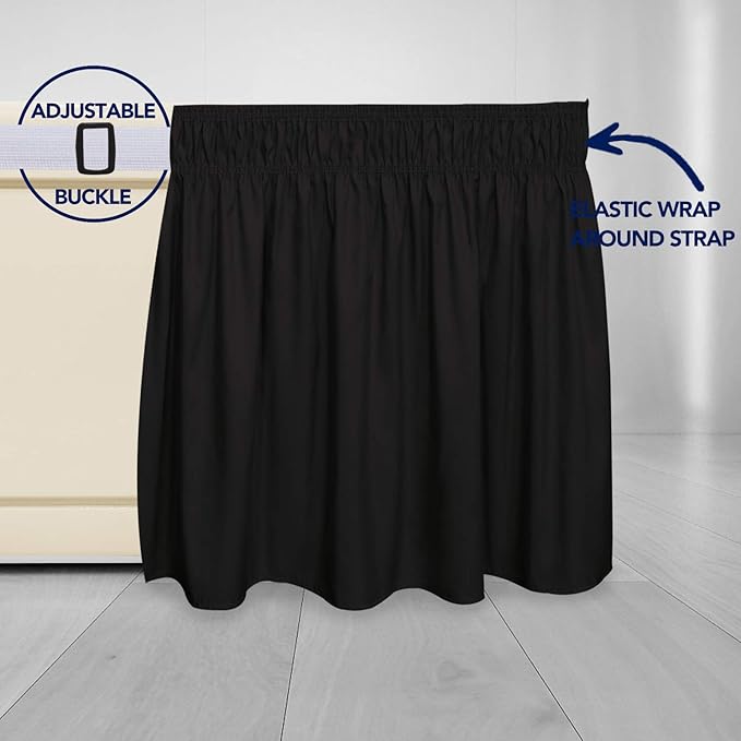 PureFit Wrap Around Ruffled Bed Skirt with Adjustable Elastic Belt - 22 Inch Drop Easy to Put On, Wrinkle Free Bedskirt Dust Ruffles, Bed Frame Cover for Twin, Twin XL and Full Size Beds, Black
