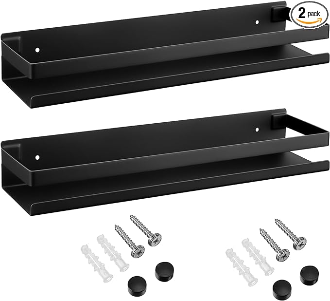 Lallisa 2 Pieces Stainless Steel Shelf Bathroom Shower Floating Shelves Wall Mounted Shower Caddy Basket Shelf Storage Organizer Shelves for Bathroom, Kitchen, Living Room (Black,11.81 Inch/ 30 cm)