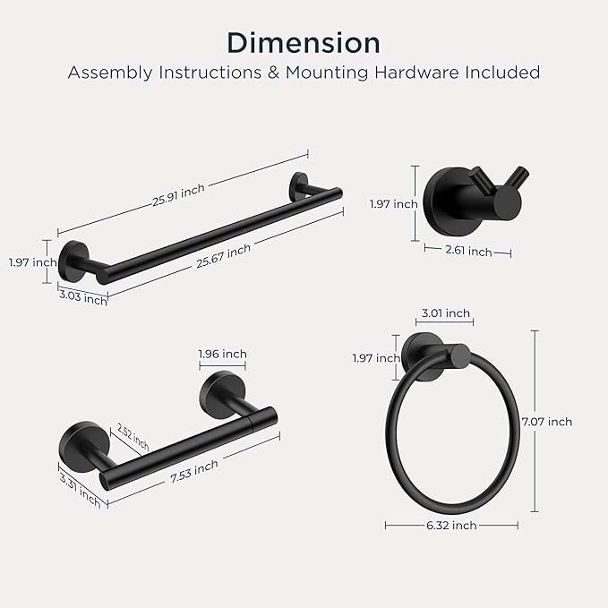 FORIOUS Bathroom Hardware Accessories Set, SUS304 Stainless Steel 24 Inch Towel Bar Set, Modern Towel Racks Holder for Bathroom Wall Mounted, 4 Pieces, Matte Black