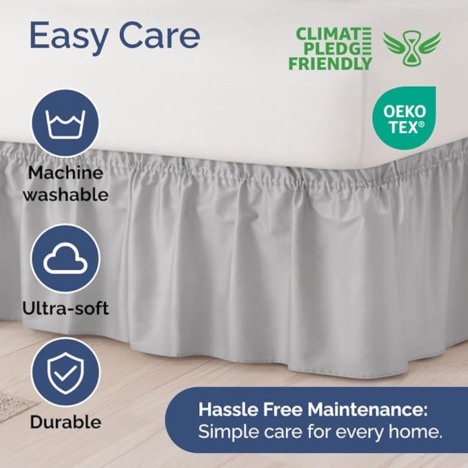 Wrap Around Dust Ruffle Bed Skirt - Light Grey - for King Size Beds w/ 14 Inch Drop - Easy Fit Elastic Strap - Adjustable Pleated Bedskirt with Brushed Fabric, Wrinkle Free Women, Men, Kids and Teens