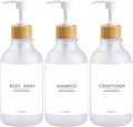 Frosted Plastic Shampoo and Conditioner Bottles, Apothecary Dispenser Bamboo Pump, Refillable Bottles for Shower Lotion, Oil, Hand Soap, Sanitizer, Liquid Soap, Set of 3 with 9 Labels (3, Matte Clear)