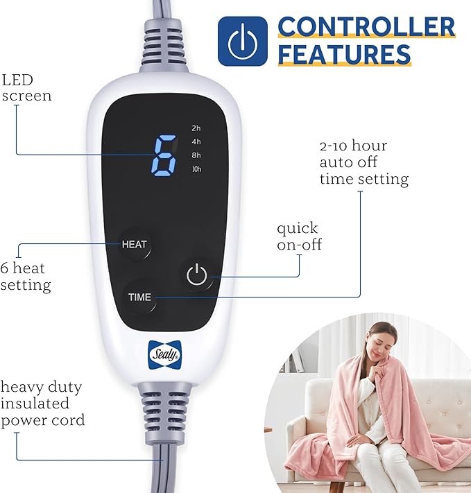 SEALY Electric Blanket Heated Throw, Soft Flannel Heating Blanket with 6 Heat Settings & 2-10 Hours Auto Shut Off, Fast Heating & Machine Washable, 50x60 Inch, Pink