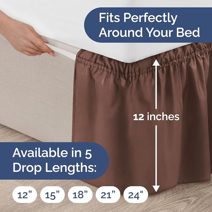Wrap Around Dust Ruffle Bed Skirt - Brown - for Full Size Beds with 12 Inch Drop - Easy Fit Elastic Strap - Adjustable Pleated Bedskirt w/Brushed Fabric - Wrinkle Free - for Women, Men, Kids & Teens