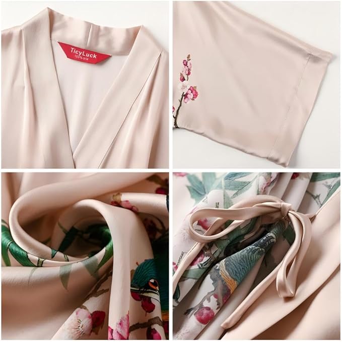 Women's Silk Kimono Robe Long Bathrobe Nightgown 100% Mulberry Silk for Women - Classic Floral Pattern