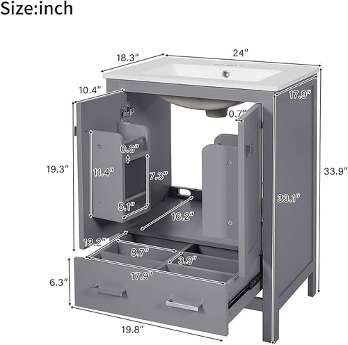 24" Bathroom Vanity with Sink Combo Set, Solid Wood Frame Bathroom Storage Cabinet with 2 Drawers and 1 Drawer, Double-layer Door Shelf, Soft Closing Cabinet Door with Organizer,Grey