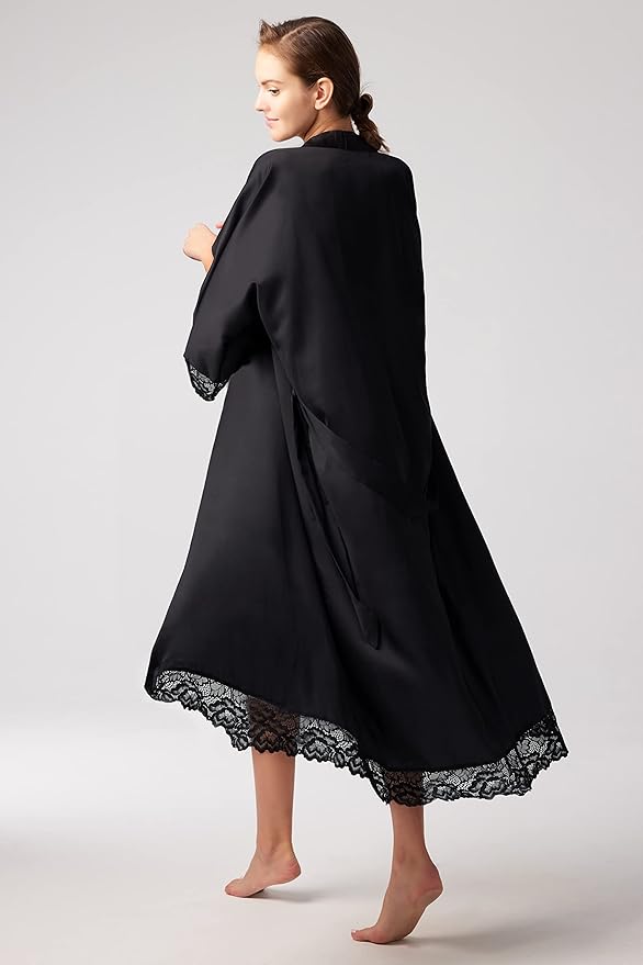 BABEYOND Satin Kimono Robe Silky Long Bridesmaid Wedding Lightweight Bath Robe with Lace Trim