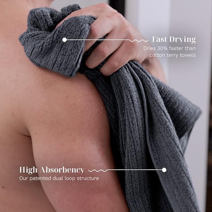 LUXOME Luxury Performance 4-Piece Hand Towel Set | Patented Quick-Dry Tech | Ultra Soft | 16" W x 30" L | Fossil (Charcoal)