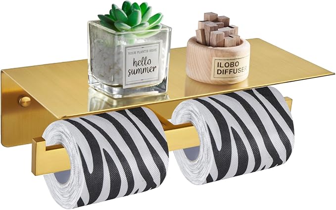 Angle Simple Toilet Paper Holder with Shelf Brushed Gold, 304 Stainless Steel Double Toilet Tissue Holder for Wall