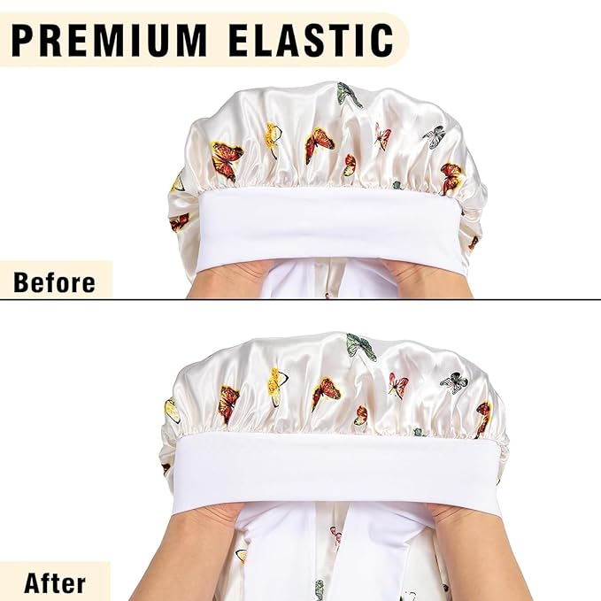 2Pcs Bonnets for Black Women Braid Bonnet, Large Long Satin Bonnet for Braids, Silk Bonnet with Stretchy Tie Band Sleep Cap Hair (2Pcs-Black-Silver Pattern)