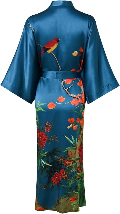 Women's Silk Kimono Robe Long Bathrobe Nightgown 100% Mulberry Silk for Women - Classic Floral Pattern