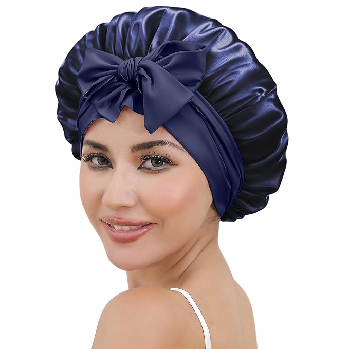 ZIMASILK 100% Mulberry Silk Bonnet for Sleeping Women Long Hair Double Layer Silk Hair Wrap with Tie Band Stay On Head (1Pc, Navy Blue)