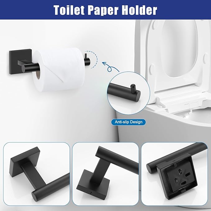 TNOMS 5 Pieces Matte Black Bathroom Hardware Set Black Towel Bar Set for Bathroom SUS304 Stainless Steel Wall-Mounted Towel Racks Set 23.6 Inch