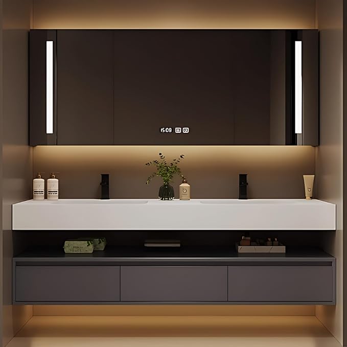 72IN Bathroom Vanity Double Sink - Double Sink Bathroom Vanity Set Include Smart Defogging Bathroom Mirror Cabinet with LED Light Strips, Abundant Storage Space with 3 Drawers (Mirror Cabinet)