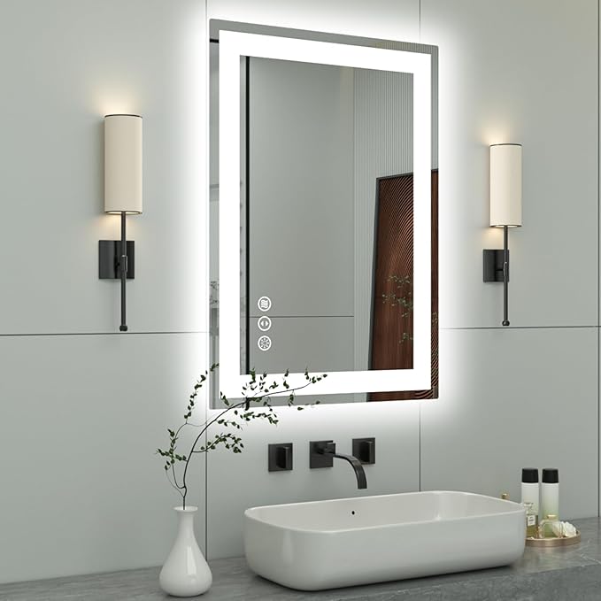 20"x 28" LED Bathroom Mirror with Front and Backlight, Stepless Dimmable Bathroom Mirrors with Anti-Fog, Lighted Bathroom Vanity Mirror for Wall, Shatter-Proof Led Mirror for Bathroom