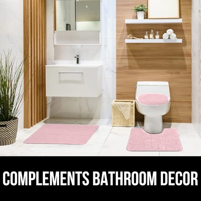 GORILLA GRIP Soft Chenille Bathroom Toilet Lid Cover, Machine Washable Seat Covers, 19.5x18.5, Stays in Place Rubber Backing, Fits Most Round, Elongated and Oblong Lids, Accessories Decor, Light Pink