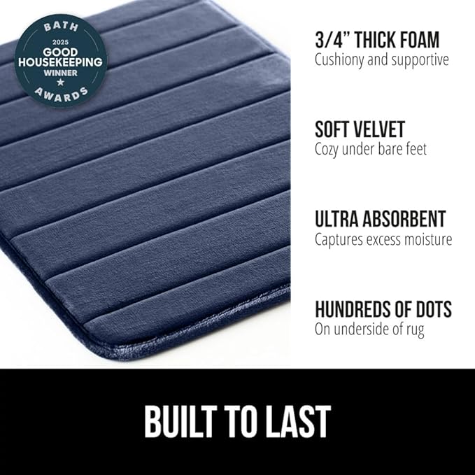 GORILLA GRIP Memory Foam Bath Mat, Soft Absorbent US Designed Bathroom Rug, Gripping Dots Machine Washable Bathmat, Cushioned Floor Mats, Shower Sink Rugs Room Décor Accessories, 24x17 Navy Blue