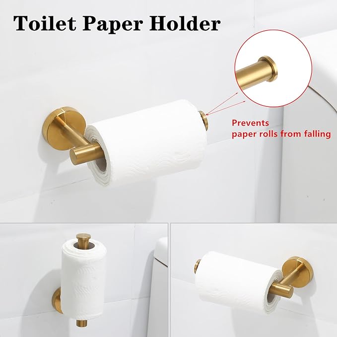 4 Piece Brushed Gold Stainless Steel Bathroom Hardware Set Include Hand Towel Ring, Toilet Paper Holder,and 2 Robe Towel Hooks,Bathroom Accessories Kit