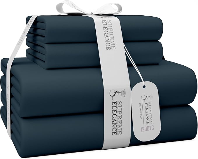 SUPREME ELEGANCE 1200 Thread Count King Dark Blue Sheet Set, Hotel Luxury Cotton Rich Ultra Soft Sateen Sheets, Easy Care Bed Sheet Set with Deep Pocket (1 Flat Sheet, 1 Fitted Sheet & 2 Pillowcases)