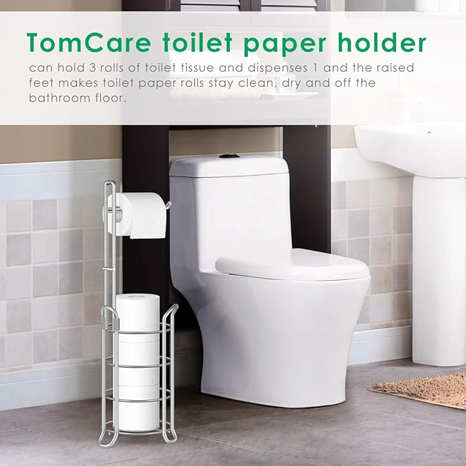 TomCare Toilet Paper Holder Toilet Paper Stand Free-Standing Toilet Tissue Paper Roll Bathroom Storage Shelf and Dispenser for 3 Spare Rolls Metal Wire Bathroom Accessories Storage Organizer