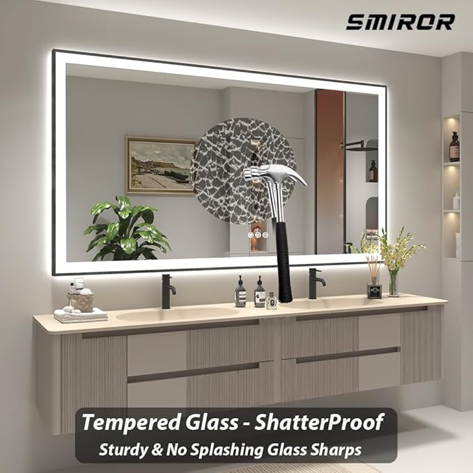 SMIROR 66x36 Black Frame LED Mirrors for Bathroom Wall, Large Lighted Vanity Mirrors, Dimmable, Anti-Fog, Memory, Shatterproof, ETL Listed (Front Lights and Backlit)