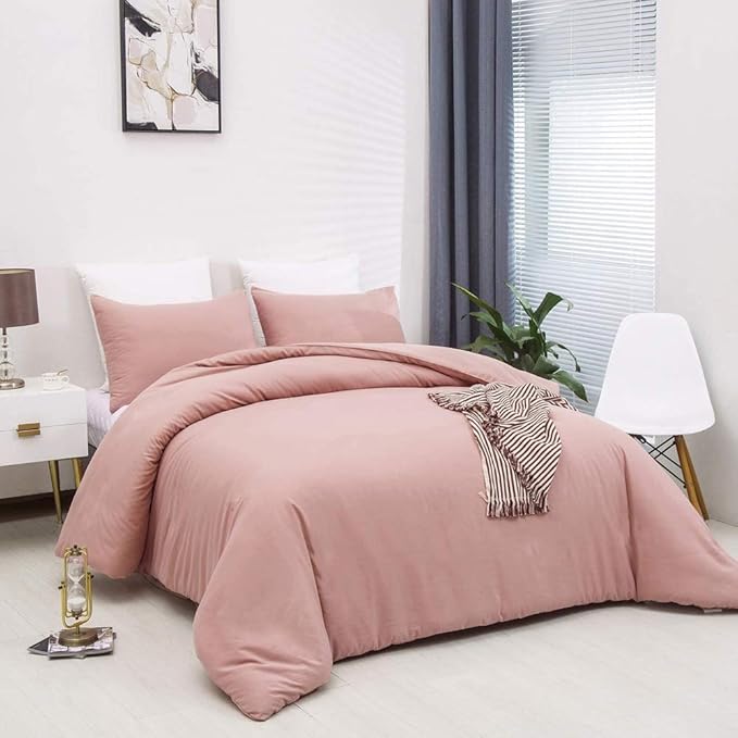 KAREVER Queen Blush Pink Cotton Comforter Set, 3 PCS Breathable Bedding with 2 Pillowcases, Fade-Resistant, Lightweight, Durable, Ideal for Gift