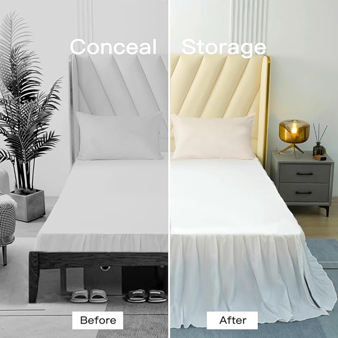 TSUTOMI Bed Skirt Full Size Ruffled Bed Skirt with Split Corners, 22 Inch Drop Dust Ruffle Bed Skirts with Platform, Gathered Style, 100% Microfiber, White