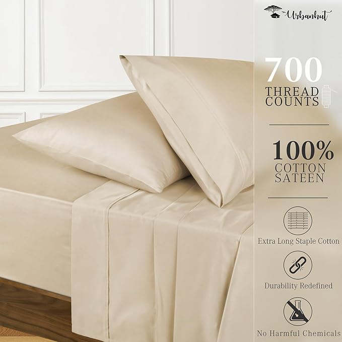 URBANHUT 700 Thread Count Egyptian Cotton Sheets Full Size, 4Pc Sheet Set Soft Luxury Bed Sheets for Full Size Bed, Sateen Weave Hotel Sheets, 14'' Elasticized Deep Pocket - Sand