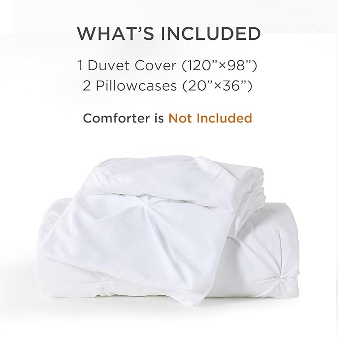Litanika White Oversized King Pinch Pleat Duvet Cover, 3 Pieces Pintuck Cover Soft Microfiber Bedding Set with Zipper Closure & Corner Ties(1 Duvet Cover, 2 Pillowcases)