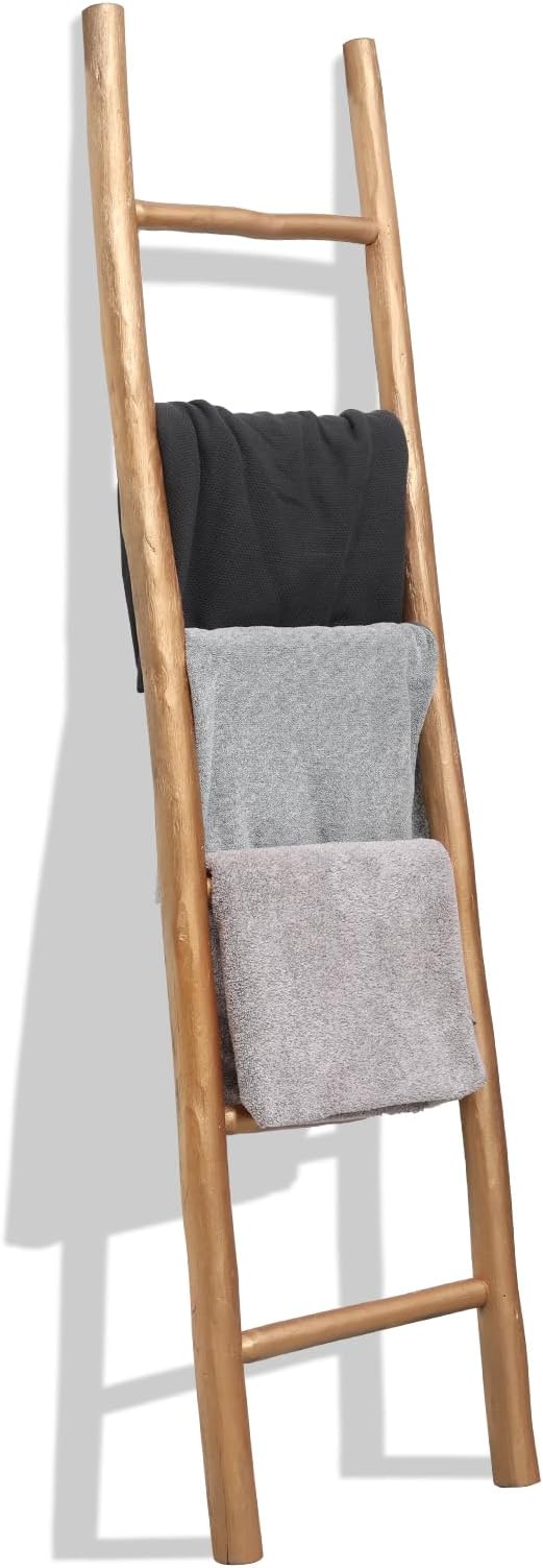 FUIN Fully Assembled 6ft Wood Blanket Ladder Living Room Decorative Wall Leaning Farmhouse Quilt Display Holder Rustic Wooden Towel Rack for Bathroom, Gold