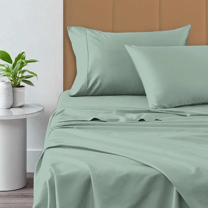 Pizuna Pure 100% Cotton Sheets Full Size, 800 Thread Count Long Staple Cotton Crisp Sateen Sheets Full with 15inch Deep Pocket (Combed Sea Foam Cotton Sheets Full)