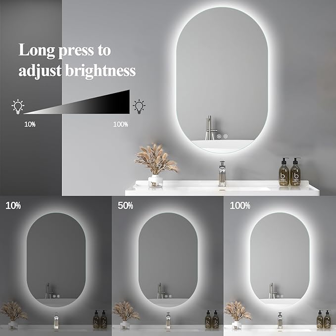 Niccy Oval LED Bathroom Vanity Mirror, 48x30inch Frameless Backlit Mirror with Light, Smart Anti-Fog Waterproof Mirror with Memory Function Dimmable Lighted Mirror