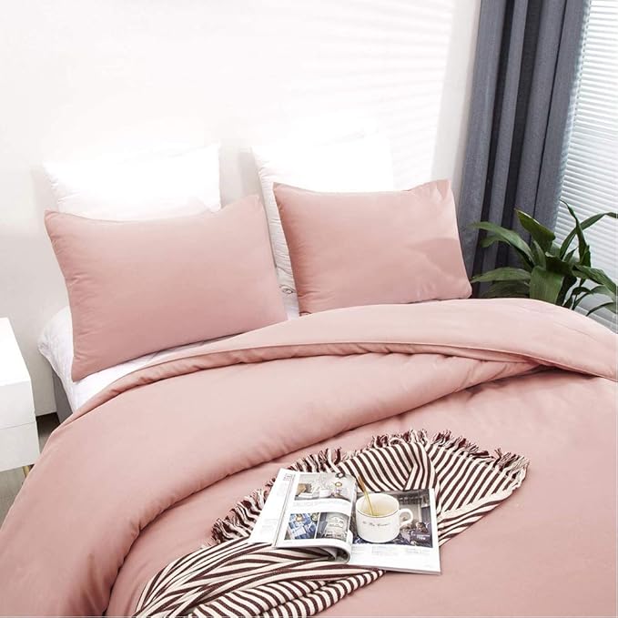 KAREVER Queen Blush Pink Cotton Comforter Set, 3 PCS Breathable Bedding with 2 Pillowcases, Fade-Resistant, Lightweight, Durable, Ideal for Gift