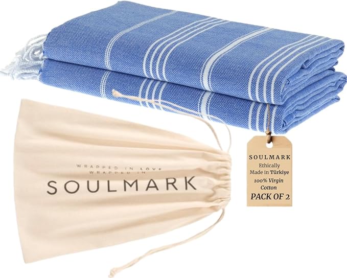 SOULMARK 100% Cotton Turkish Beach Towel with Bag - 38"x71" - 2 Pack - Made in Green & Oeko TEX Certified - Pre-Washed and Sand Free - Quick Dry and Lightweight for Travel - Made in Turkey - Sax Blue