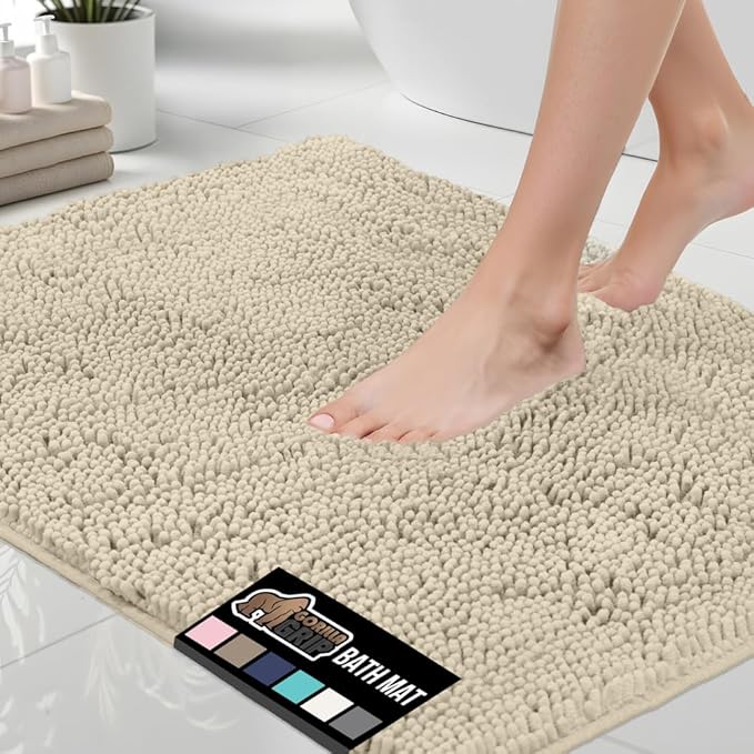 GORILLA GRIP Bath Rug Mat 60x24, Thick Soft Absorbent Chenille, Quick Dry Microfiber Mats, Rubber Backing Machine Washable Shower Floor Rugs, Bathmat Runner, Bathroom Home Decor Accessories, Sand