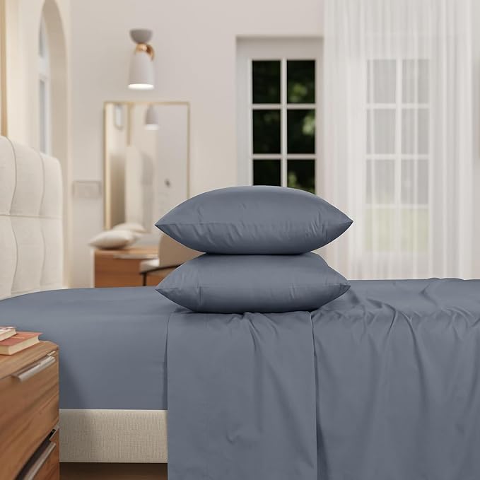 IZOD 100% Egyptian Cotton Sheets Set Queen Size, Cotton Percale Crisp Sheet Set 4Pc, Lightweight & Deep Pocket fits Upto 17", Long-Staple Soft Combed, Hotel Style Luxury Bedding Sheet - Blue Slate