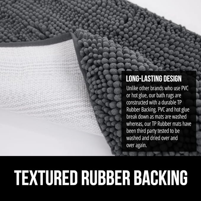GORILLA GRIP Plush Absorbent Shaggy Chenille Bath Rug Mat for Square Toilet Base with Rubber Backing, Machine Washable Rugs, Soft Microfiber Contour Mats for Toilets, Bathroom Decor, Charcoal