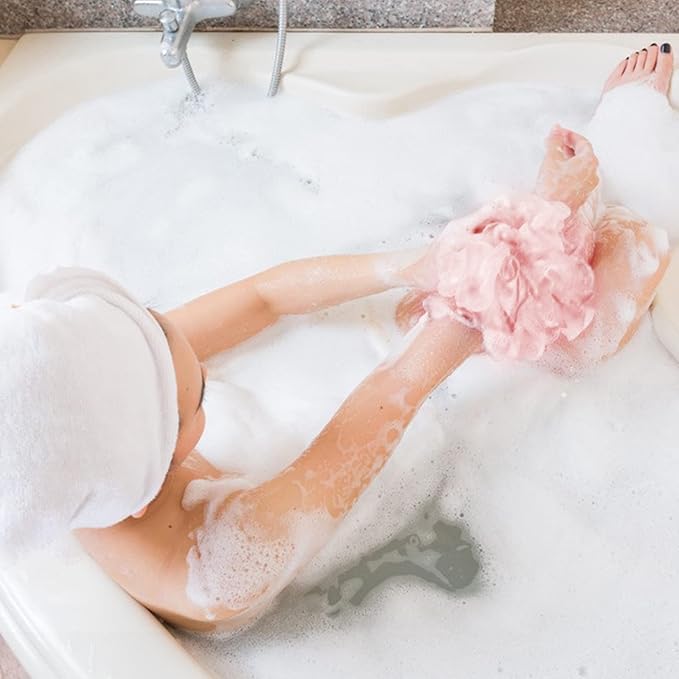 Fu Store Loofah Sponge Shower Loofahs 70g Bath Sponges Mesh Balls 4 Colors for Body Scrubber Exfoliator Wash Back Scrubbers Bathroom Men Women 4 Pack Cleaning Bathing Accessories Blue Beige Green Pink